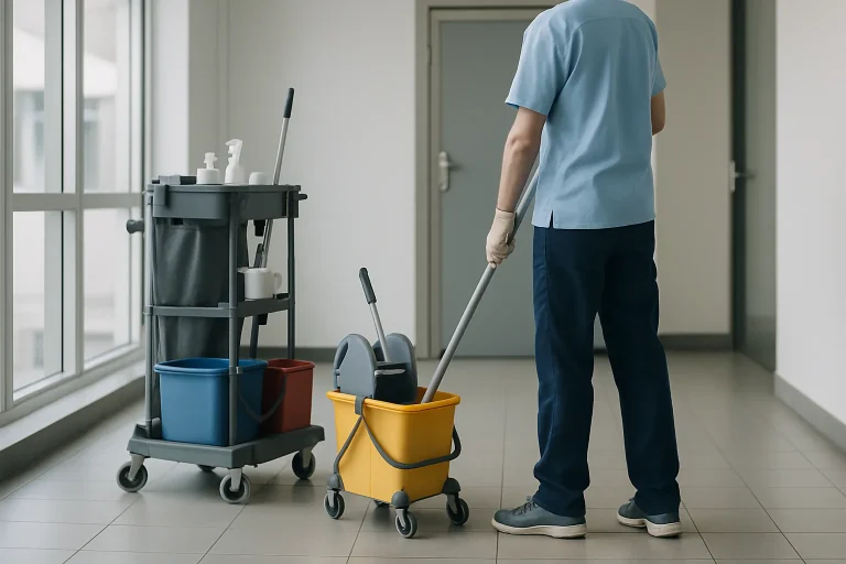 Un agent de nettoyage à VOUZIERS nettoyant un appartement avec des outils modernes.