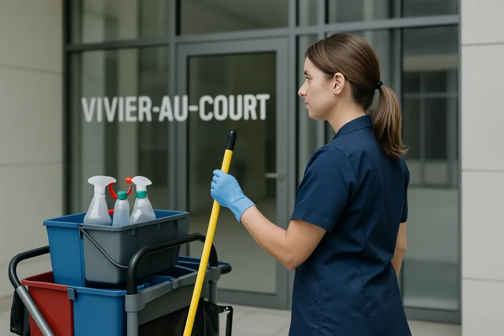 Travailleurs d'une entreprise de nettoyage à Vivier-au-Court, utilisant des équipements modernes dans une rue résidentielle.
