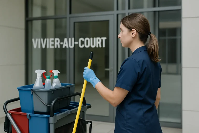 Travailleurs d'une entreprise de nettoyage à Vivier-au-Court, utilisant des équipements modernes dans une rue résidentielle.