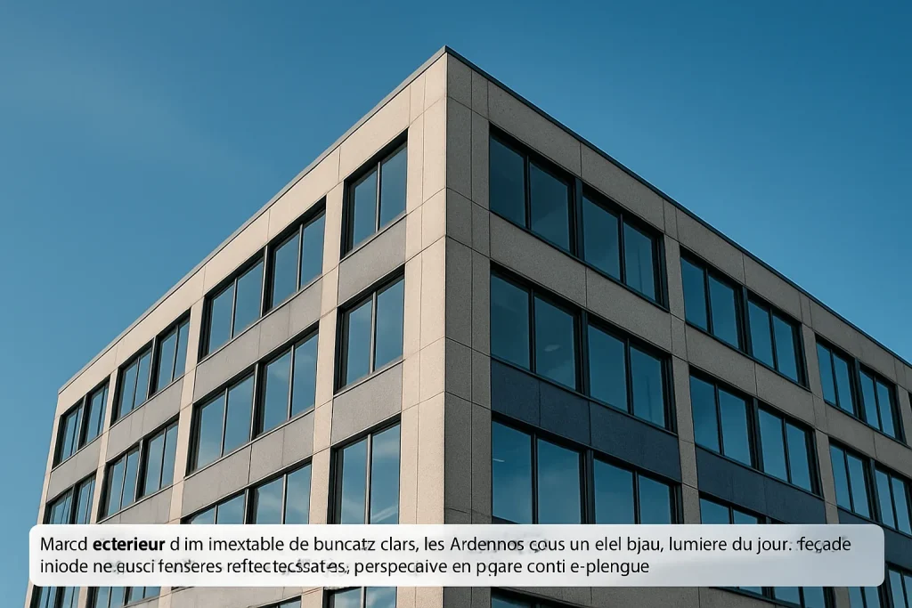 Façade d'un immeuble de bureaux moderne dans les Ardennes sous un ciel bleu.