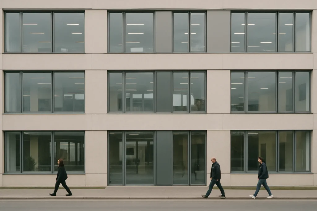 Façade moderne d'un immeuble de bureaux à Vouziers, avec des grandes fenêtres et des passants.