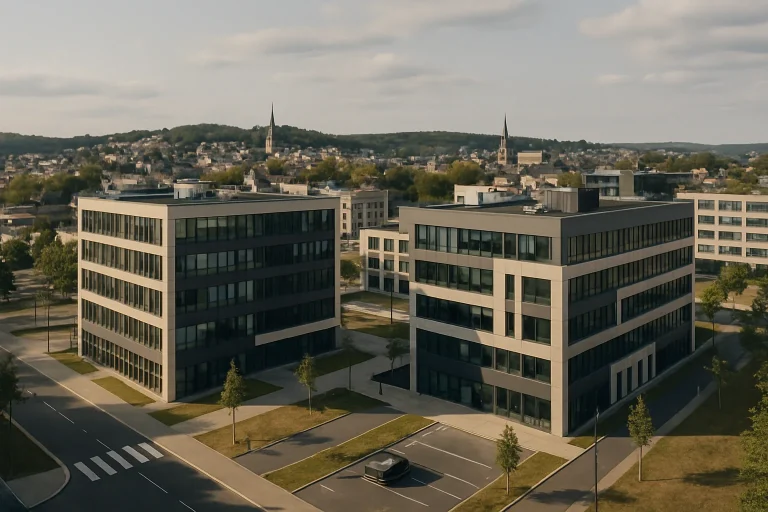 Vue aérienne de Charleville-Mézières avec des bâtiments de bureaux modernes.