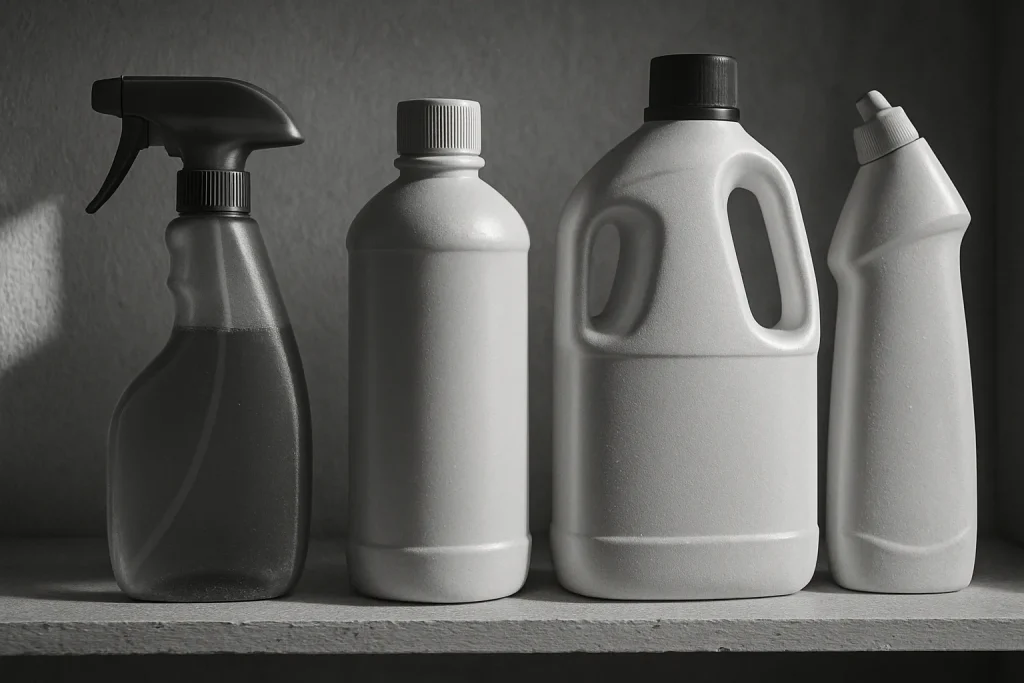 Gros plan de produits de nettoyage sur une étagère, en noir et blanc, lumière naturelle.