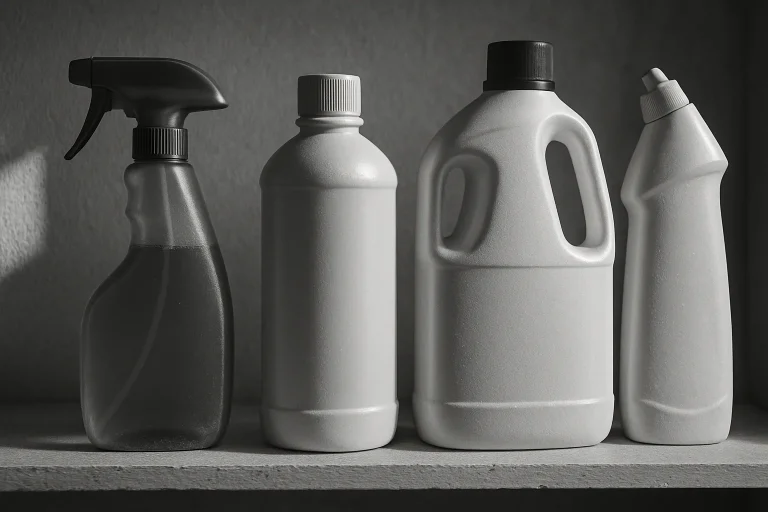 Gros plan de produits de nettoyage sur une étagère, en noir et blanc, lumière naturelle.