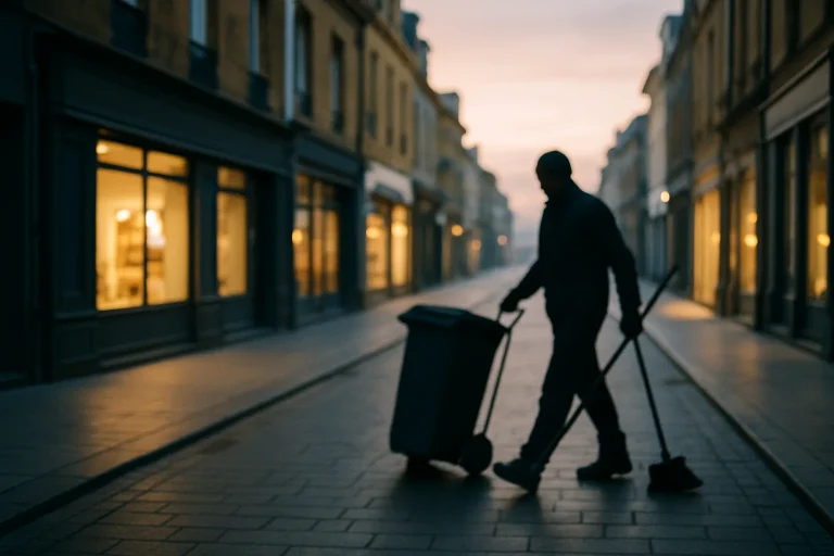 Scène de nettoyage matinal à Charleville-Mézières, silhouette floue d'un nettoyeur avec outils.
