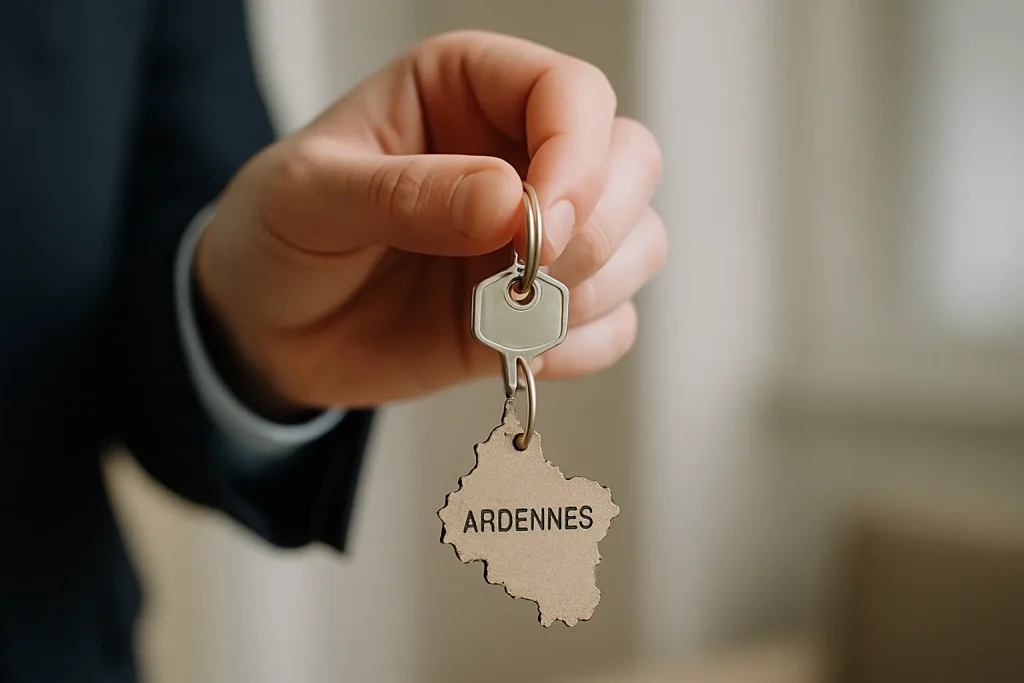 Main tenant une clé de bureau avec un porte-clés carte des Ardennes, fond flou