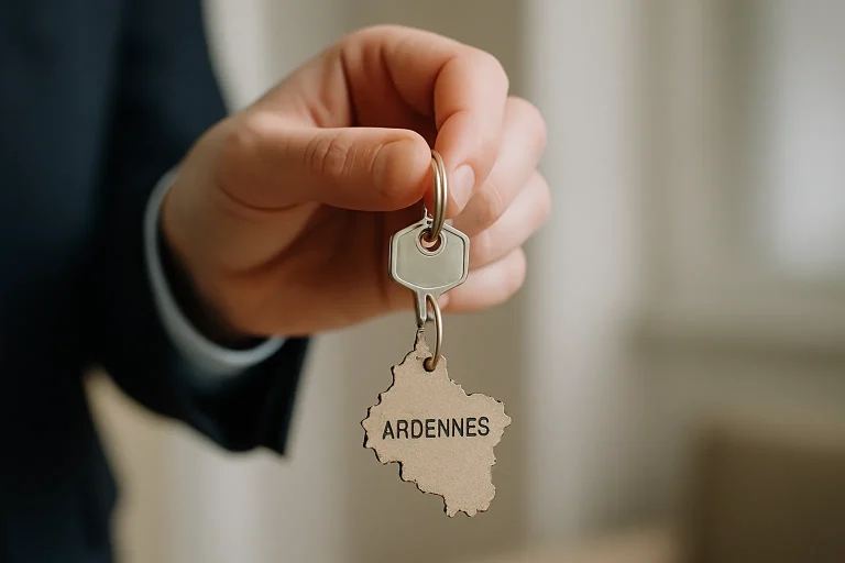Main tenant une clé de bureau avec un porte-clés carte des Ardennes, fond flou