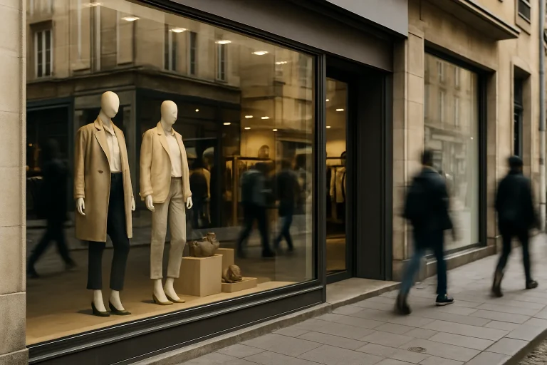 Vitrine de magasin à Sedan avec reflets et trottoir animé.