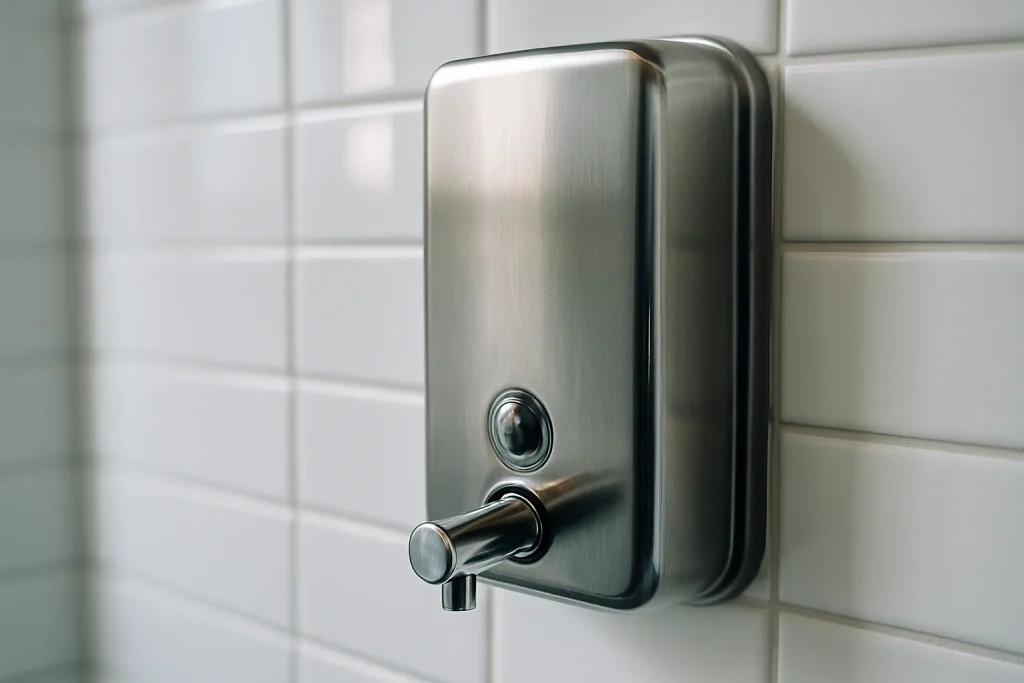 Distributeur de savon mural moderne dans une salle de bain de commerce avec lumière douce.