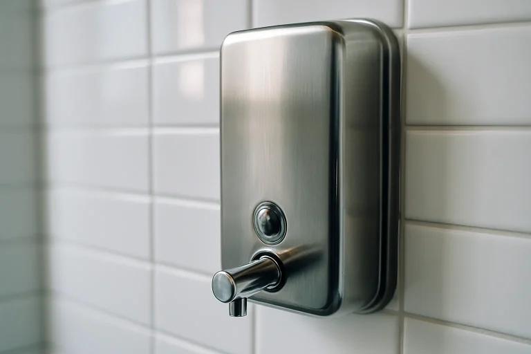 Distributeur de savon mural moderne dans une salle de bain de commerce avec lumière douce.