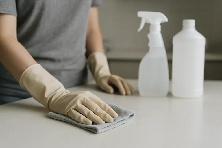 Mains avec gants nettoyant un plan de travail dans une salle de pause après une infestation de souris