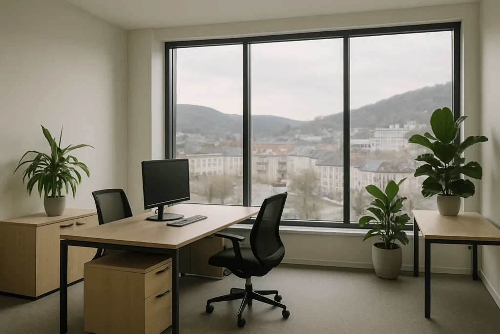 Intérieur d'un bureau moderne à Revin avec un éclairage doux et un mobilier contemporain.