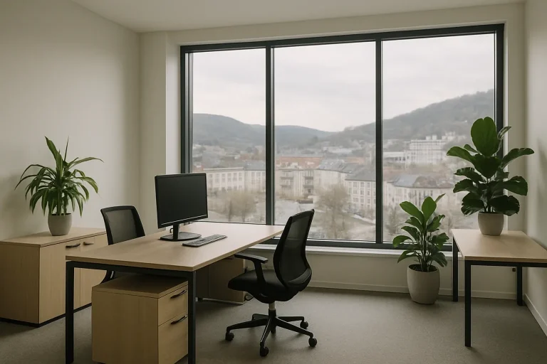 Intérieur d'un bureau moderne à Revin avec un éclairage doux et un mobilier contemporain.