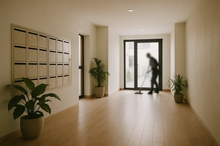 Hall d'immeuble à Rethel avec une personne nettoyant discrètement dans un coin