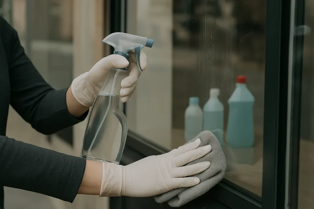 Mains nettoyant une vitrine de magasin avec des produits de nettoyage en arrière-plan.