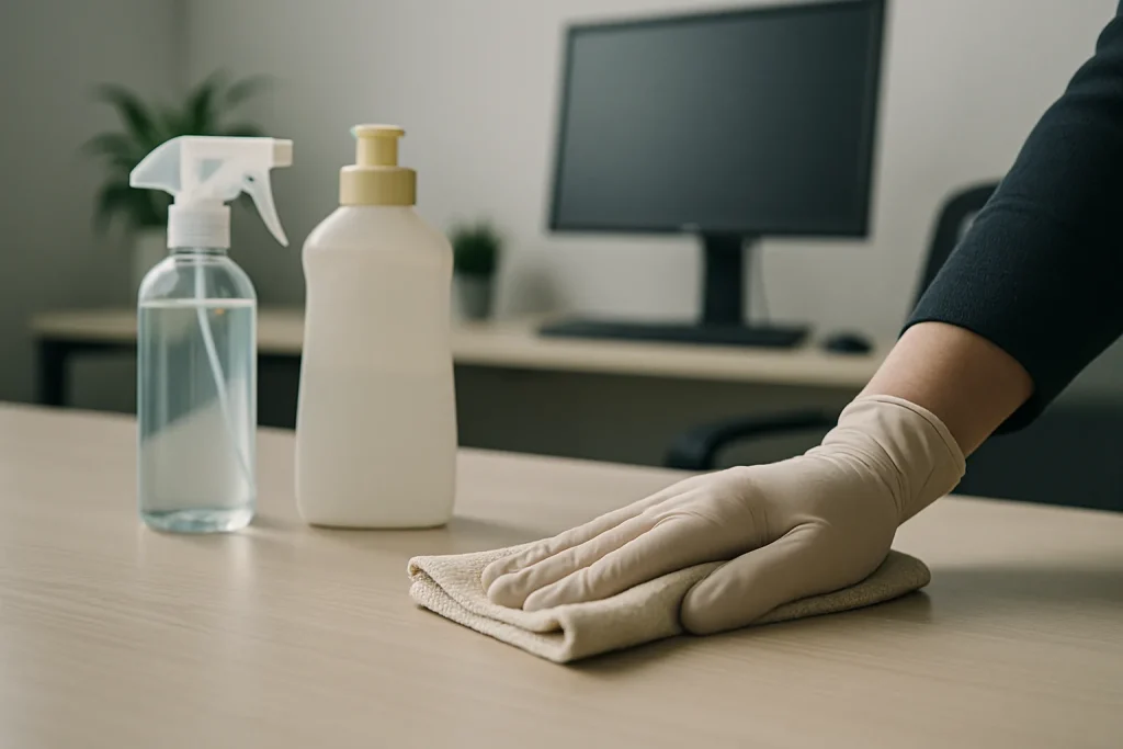 Main nettoyant un bureau avec un chiffon, produits de nettoyage à côté