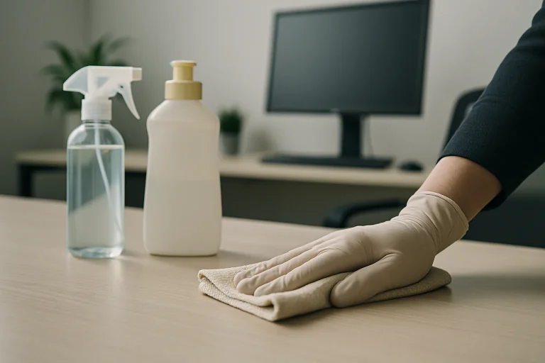 Main nettoyant un bureau avec un chiffon, produits de nettoyage à côté