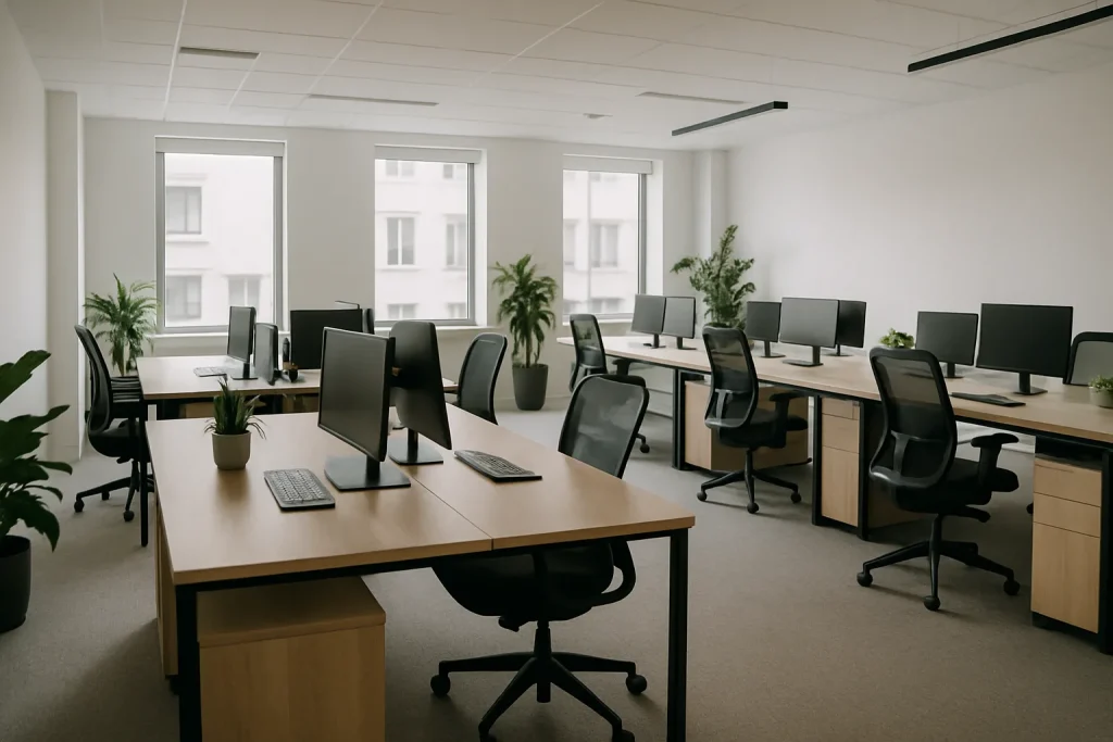 Vue d'un open space moderne à Givet, bureaux bien organisés, lumière douce