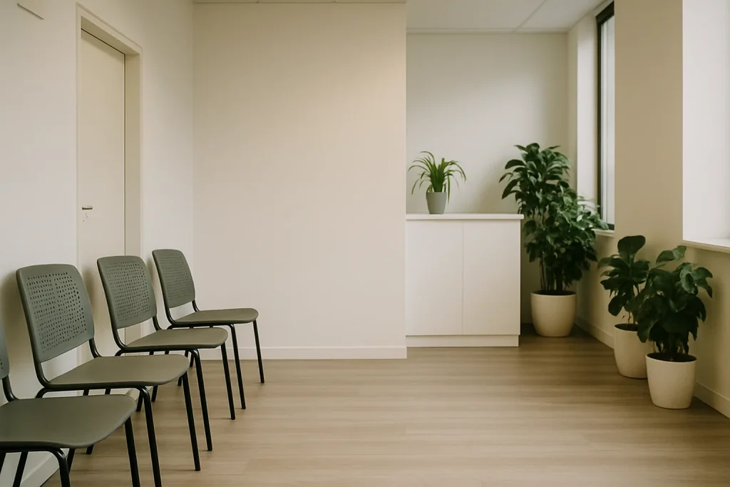 Salle d'attente d'un cabinet médical à Rethel avec chaises et plantes