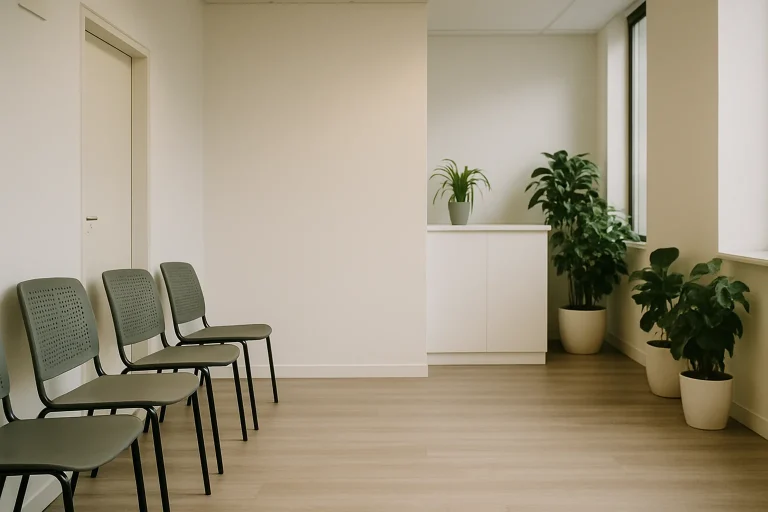Salle d'attente d'un cabinet médical à Rethel avec chaises et plantes