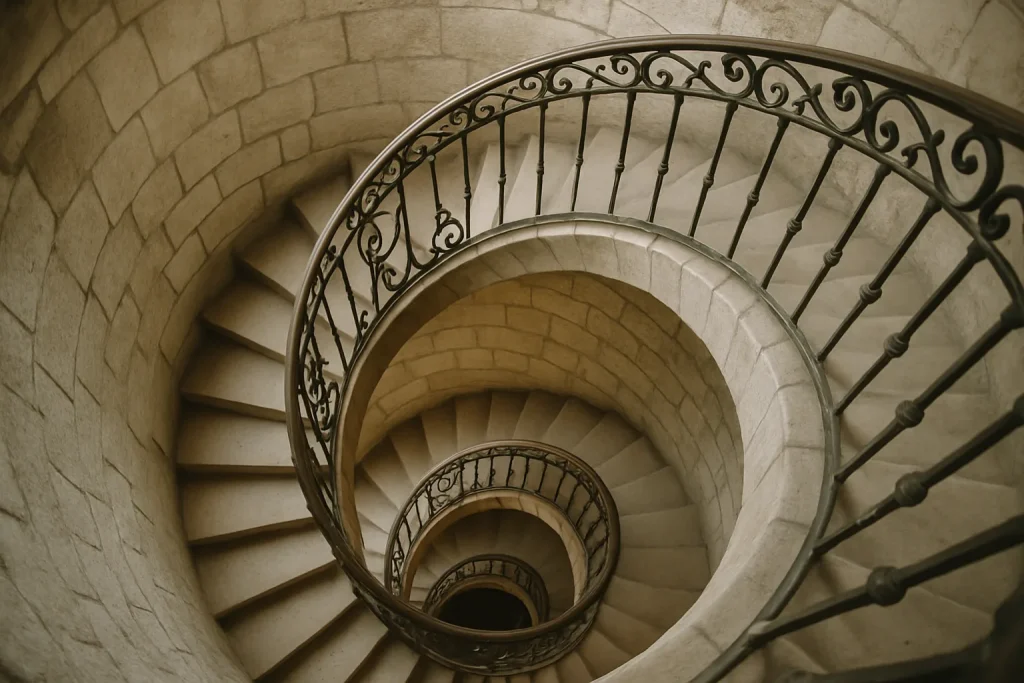 Cage d'escalier en colimaçon avec balustrade en métal dans un immeuble ancien à Sedan.