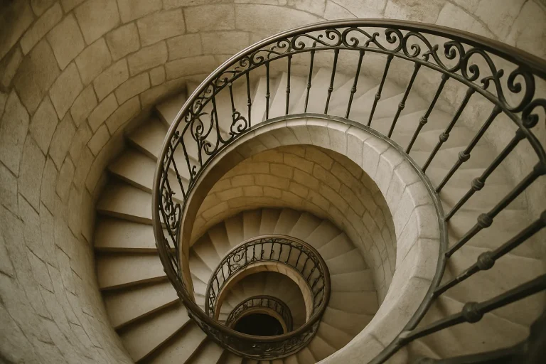 Cage d'escalier en colimaçon avec balustrade en métal dans un immeuble ancien à Sedan.