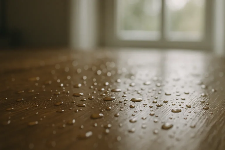 Gros plan d'un comptoir en bois humide avec des gouttes d'eau, éclairage naturel