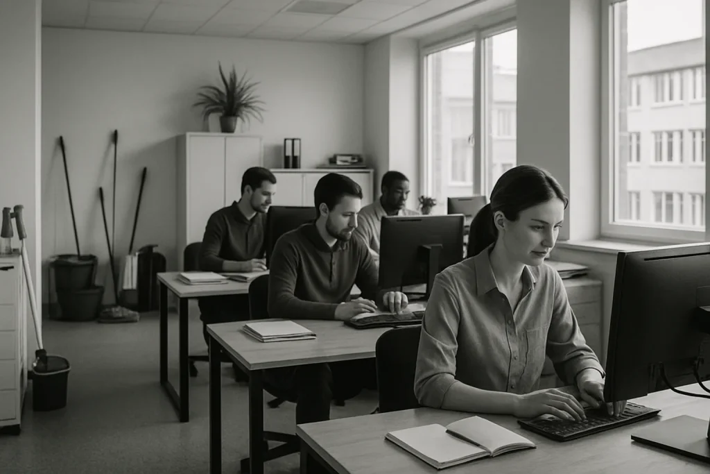 Intérieur de bureaux à Sedan avec employés, espace organisé et éléments de nettoyage visibles