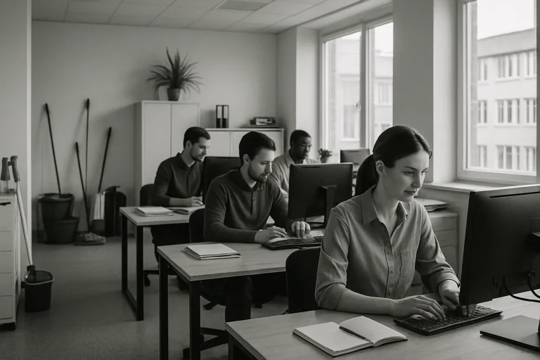 Intérieur de bureaux à Sedan avec employés, espace organisé et éléments de nettoyage visibles
