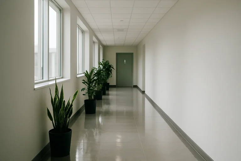Couloir d'entreprise à Sedan avec lumière naturelle et accès aux sanitaires.