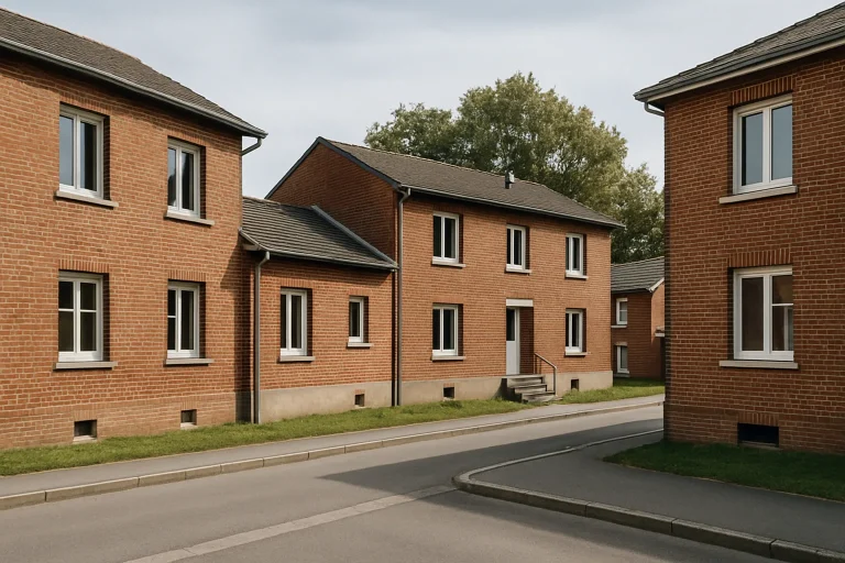 Vue d'une petite copropriété à Rethel, bâtiments en briques rouges et trottoir propre.