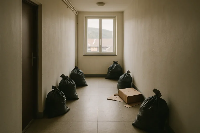Couloir d'immeuble à Givet avec sacs poubelles et cartons abandonnés, lumière naturelle.