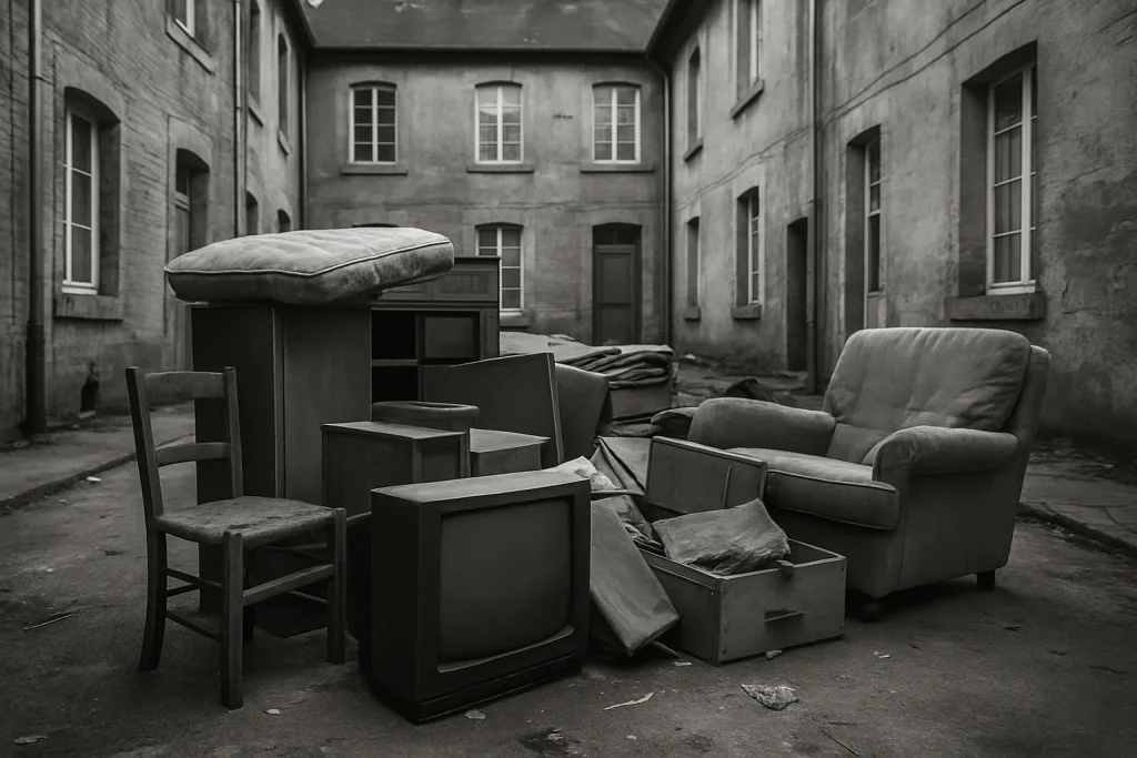Cour d'immeuble à Vouziers avec encombrants après expulsion, noir et blanc