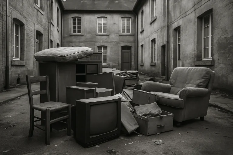 Cour d'immeuble à Vouziers avec encombrants après expulsion, noir et blanc