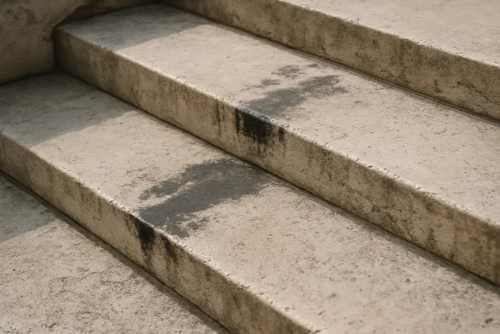 Marches d'escalier en pierre avec traces noires, lumière naturelle, texture visible