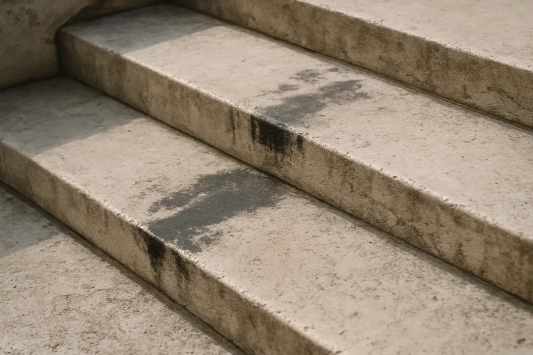 Marches d'escalier en pierre avec traces noires, lumière naturelle, texture visible