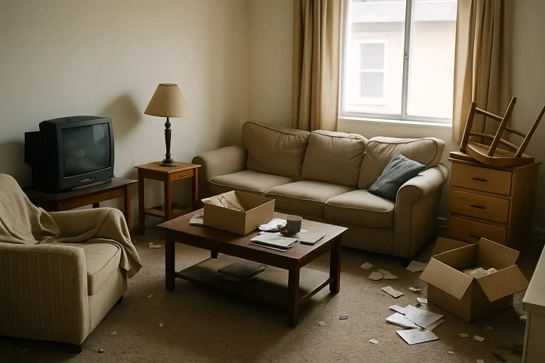 Salon encombré avec meubles abandonnés, lumière douce entrant par la fenêtre.