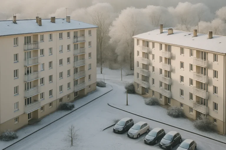 Copropriété à Sedan avec neige, arbres givrés et voitures garées, vue matinale.