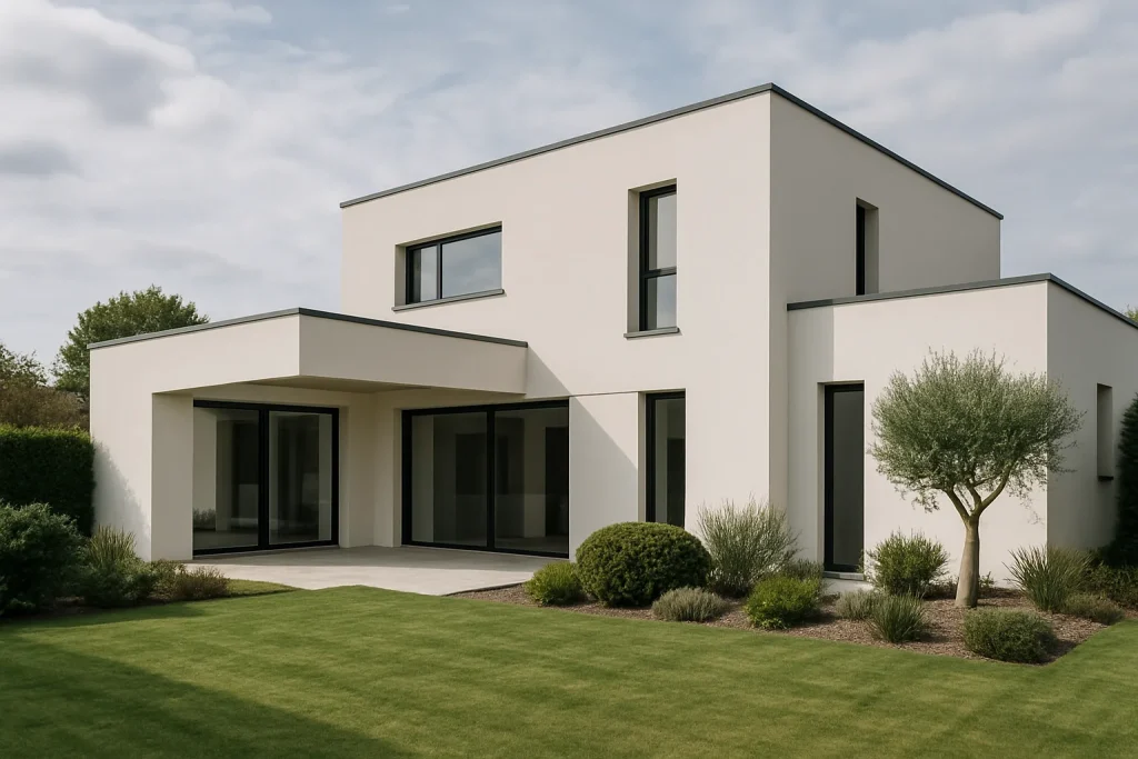 Résidence privée à Bazeilles avec jardin, architecture moderne et ciel nuageux