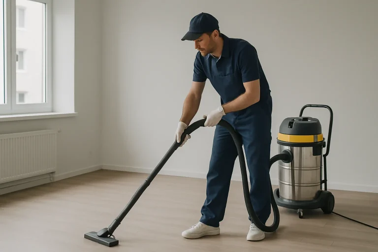 Agent de nettoyage utilisant un aspirateur industriel dans un appartement vide après une expulsion.