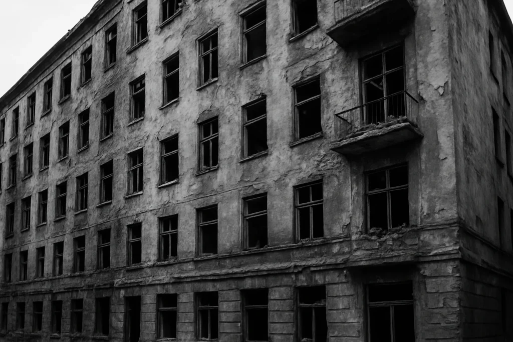 Immeuble avec façades endommagées et fenêtres cassées après sinistre, vue en noir et blanc.