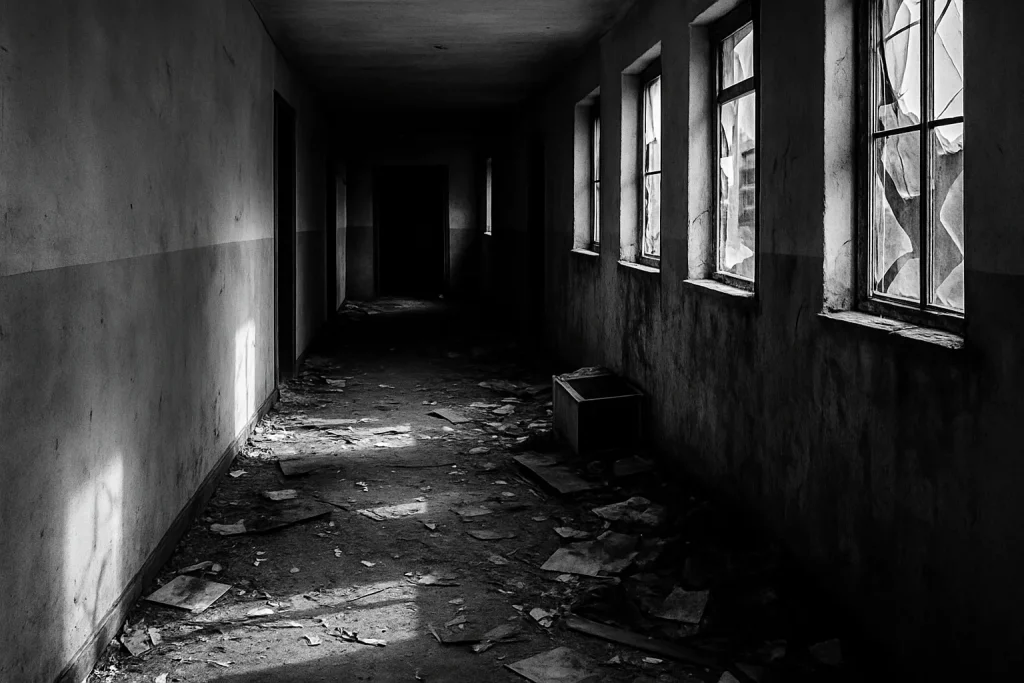 Couloir de copropriété en désordre après le passage de squatteurs, lumière naturelle