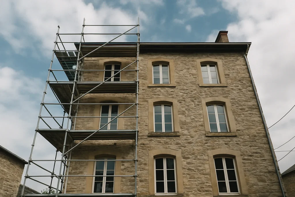 Immeuble ancien en pierre avec échafaudage pour nettoyage des vitres en hauteur.