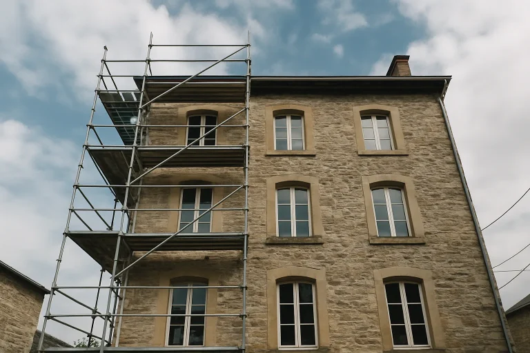 Immeuble ancien en pierre avec échafaudage pour nettoyage des vitres en hauteur.