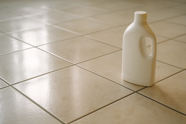 Gros plan sur un carrelage propre et brillant avec un nettoyant à côté.