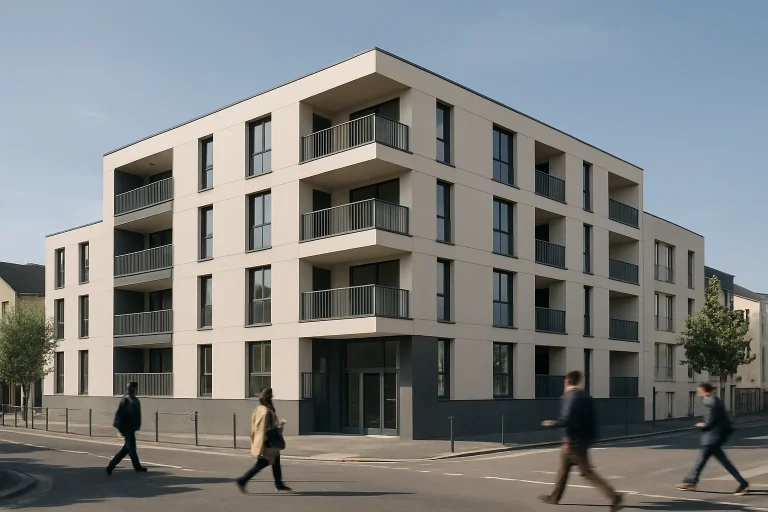 Immeuble moderne à Charleville-Mézières avec passants en mouvement, ciel dégagé.