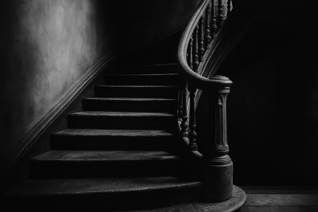 Cage d'escalier ancienne en noir et blanc avec détails des marches usées et rampe en bois.