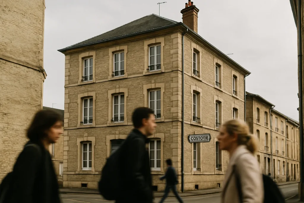Façade d'un immeuble résidentiel à Vouziers, passants flous, lumière du jour