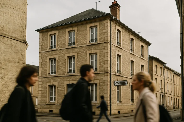 Façade d'un immeuble résidentiel à Vouziers, passants flous, lumière du jour