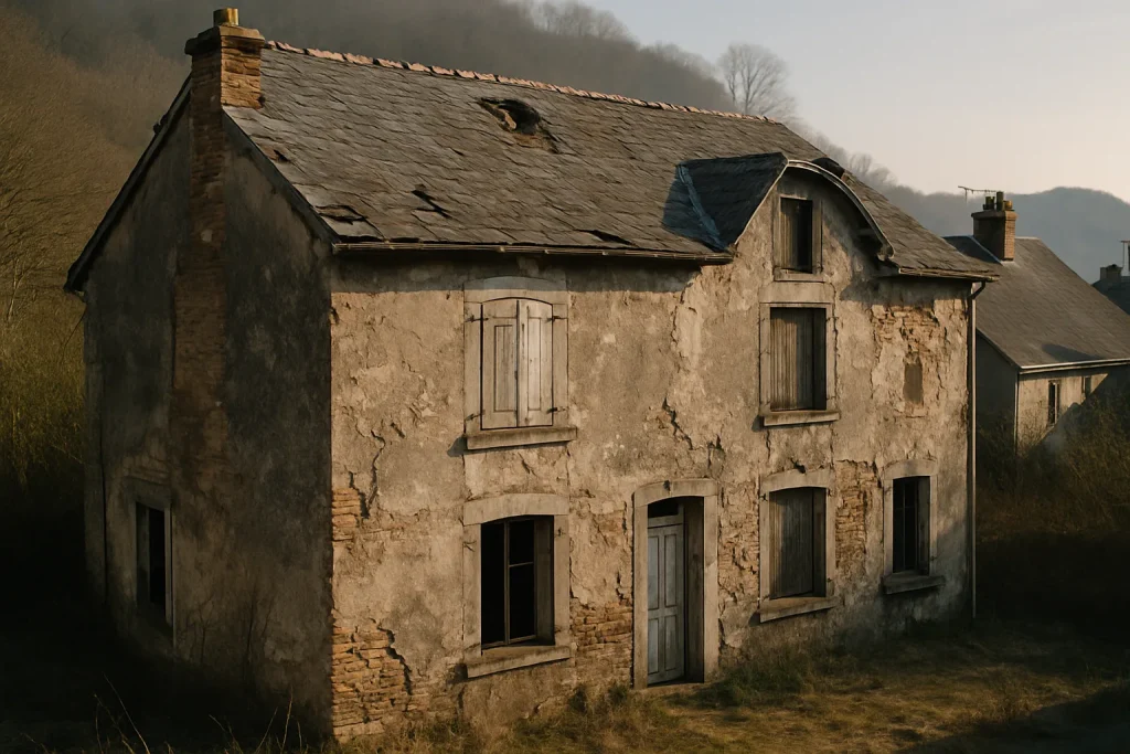 Maison délabrée à Revin sous une lumière de fin d'après-midi, murs endommagés visibles